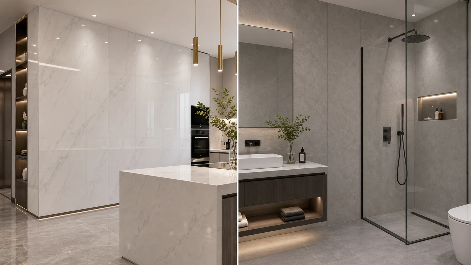 UV Wall Panel and SPC Wall Panel used in modern bathroom and kitchen wall decoration projects