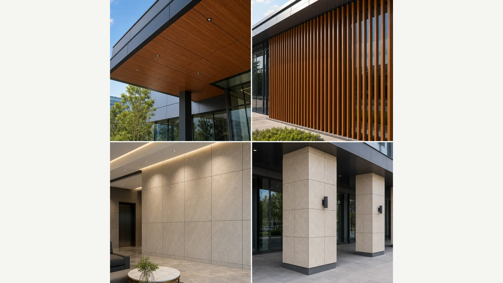 Wood grain and stone look aluminum panel applications in soffit, facade, lobby wall and column cladding projects