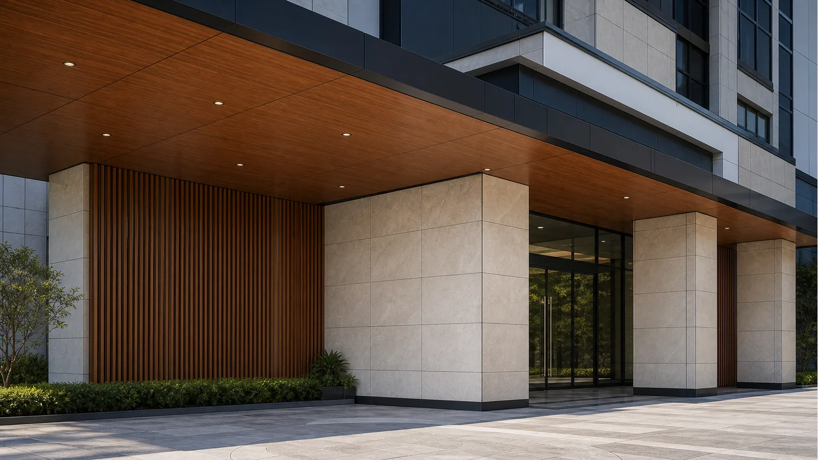 Wood grain aluminum panels and stone look aluminum panels used in facade and commercial interior projects
